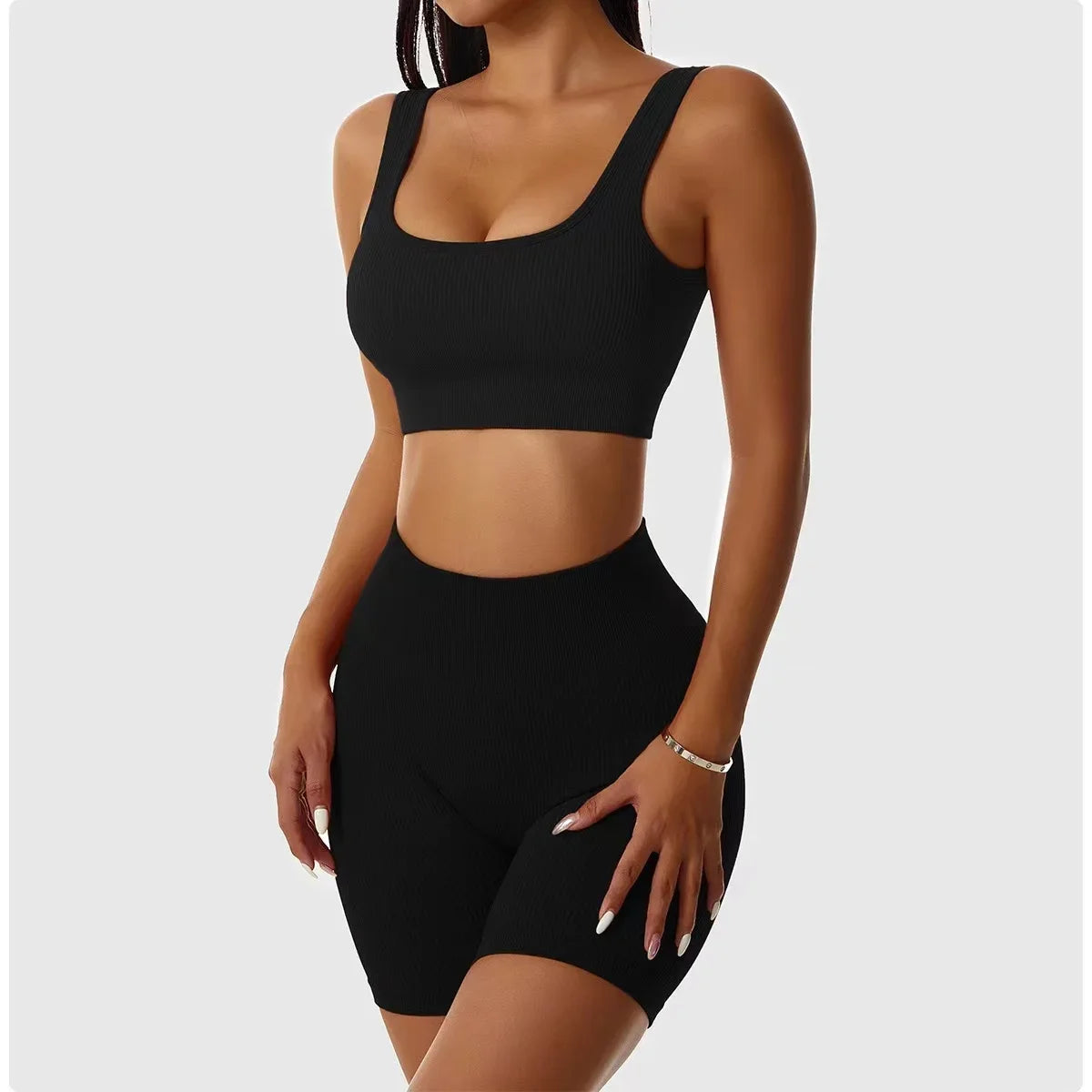 Ribbed Seamless Yoga Set – Crop Top & Shorts for Women