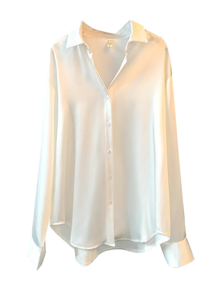 Women’s Satin Office Blouse – Long Sleeve, Korean Luxury Style