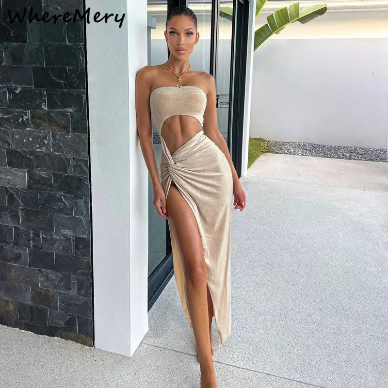 WhereMery Women’s Sexy Sleeveless Dress – Fitted Long Elegant Party Dress with Cutouts, Summer 2024 Clubwear