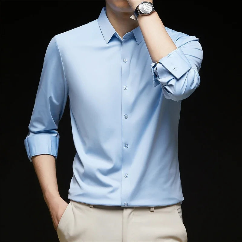 Men's Solid Color Long Sleeve Business Casual Shirt – Wrinkle-Resistant, Comfortable