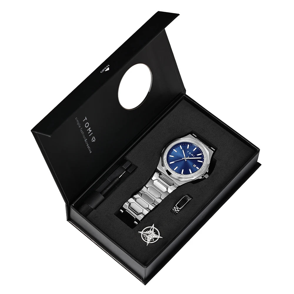 TOMI Luxury Men’s Quartz Watch – Business Style with Gift Box Set (Rose Gold Case)