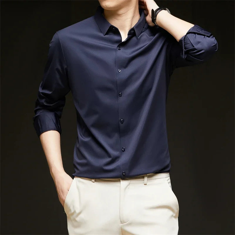 Men's Solid Color Long Sleeve Business Casual Shirt – Wrinkle-Resistant, Comfortable