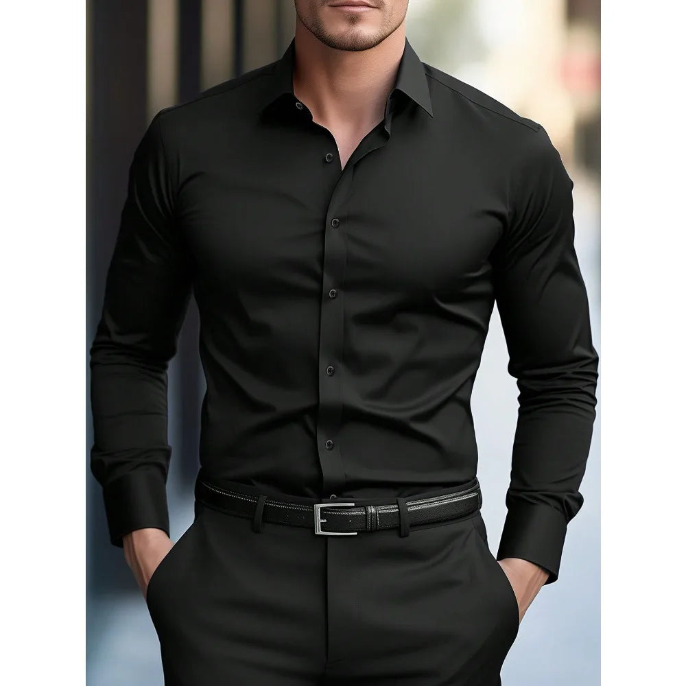 FGKKS Men's White Casual Stretch Shirt – Long Sleeve, Solid Color