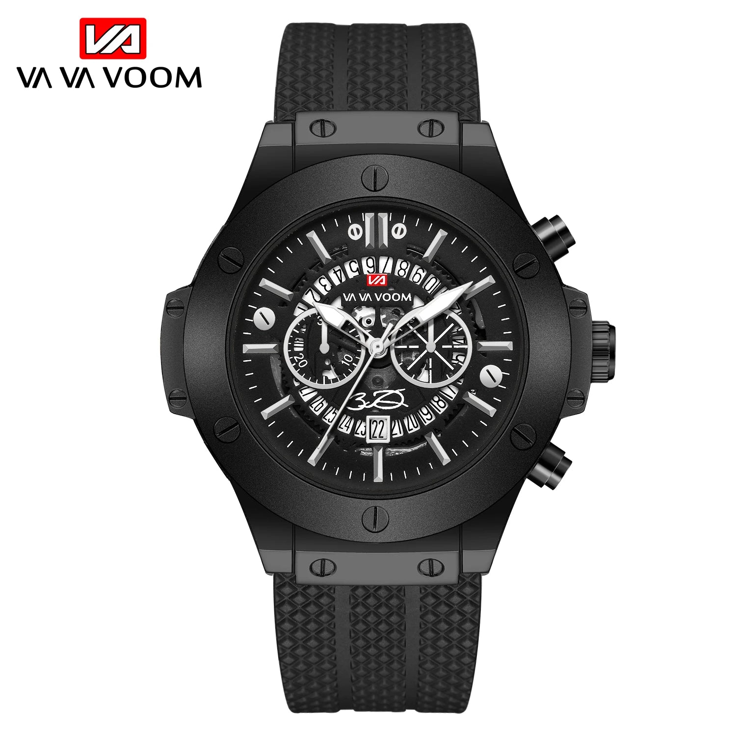 Black Silicone Sports Watch – 46mm Hollow Dial Military Style