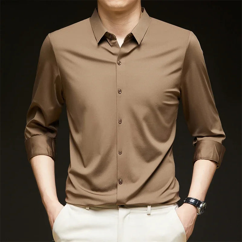 Men's Solid Color Long Sleeve Business Casual Shirt – Wrinkle-Resistant, Comfortable
