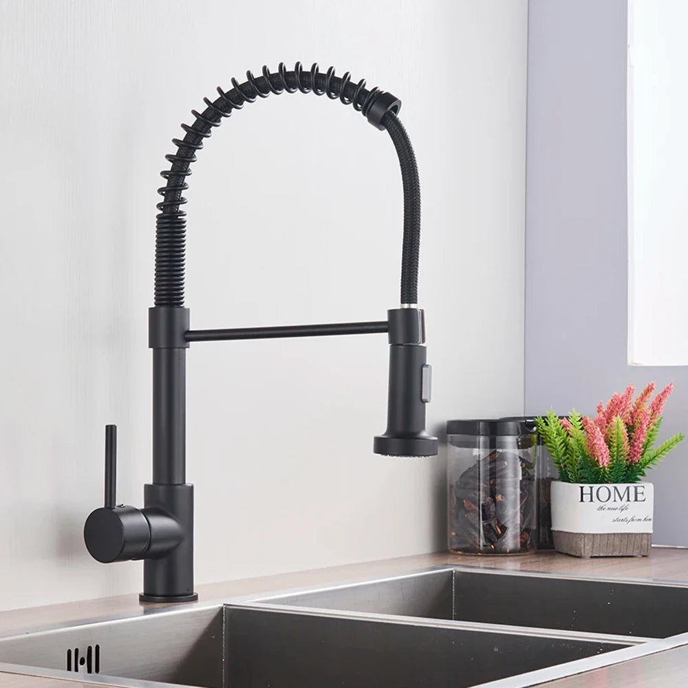 Matte Black & Chrome Pull-Down Kitchen Faucet – Dual-Mode Mixer
