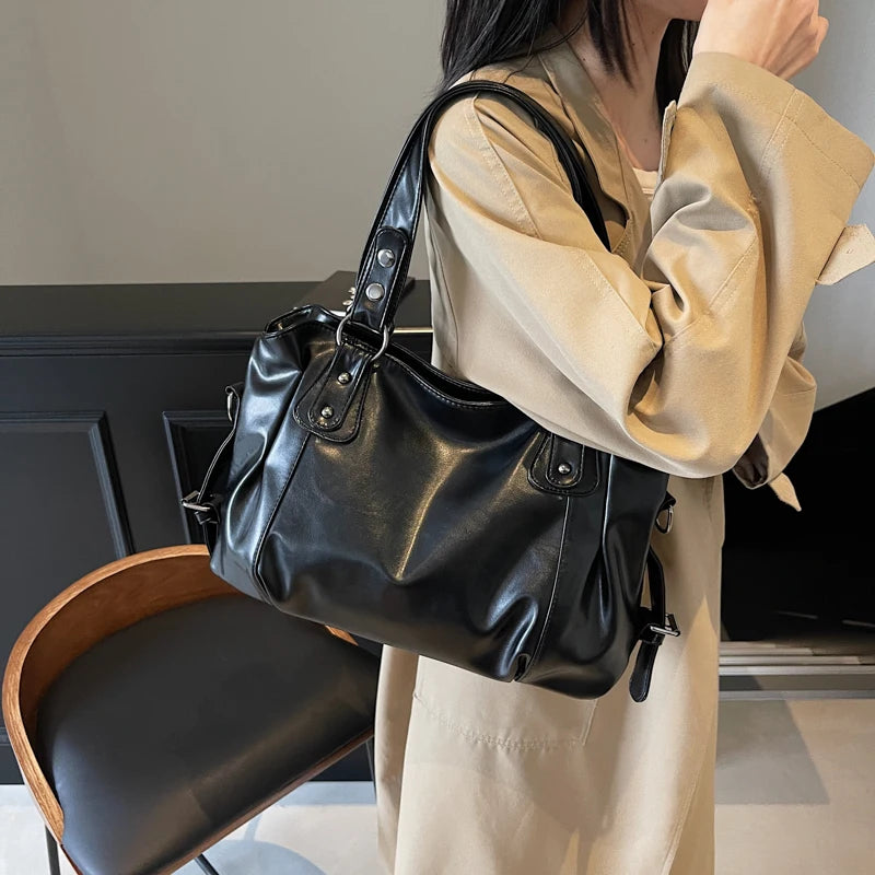 Large Retro PU Shoulder Bag – Solid Color Women’s Handbag (YHLP1912)