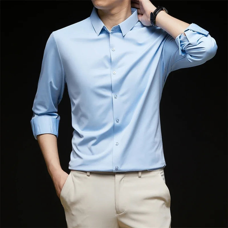 Men's Solid Color Long Sleeve Business Casual Shirt – Wrinkle-Resistant, Comfortable