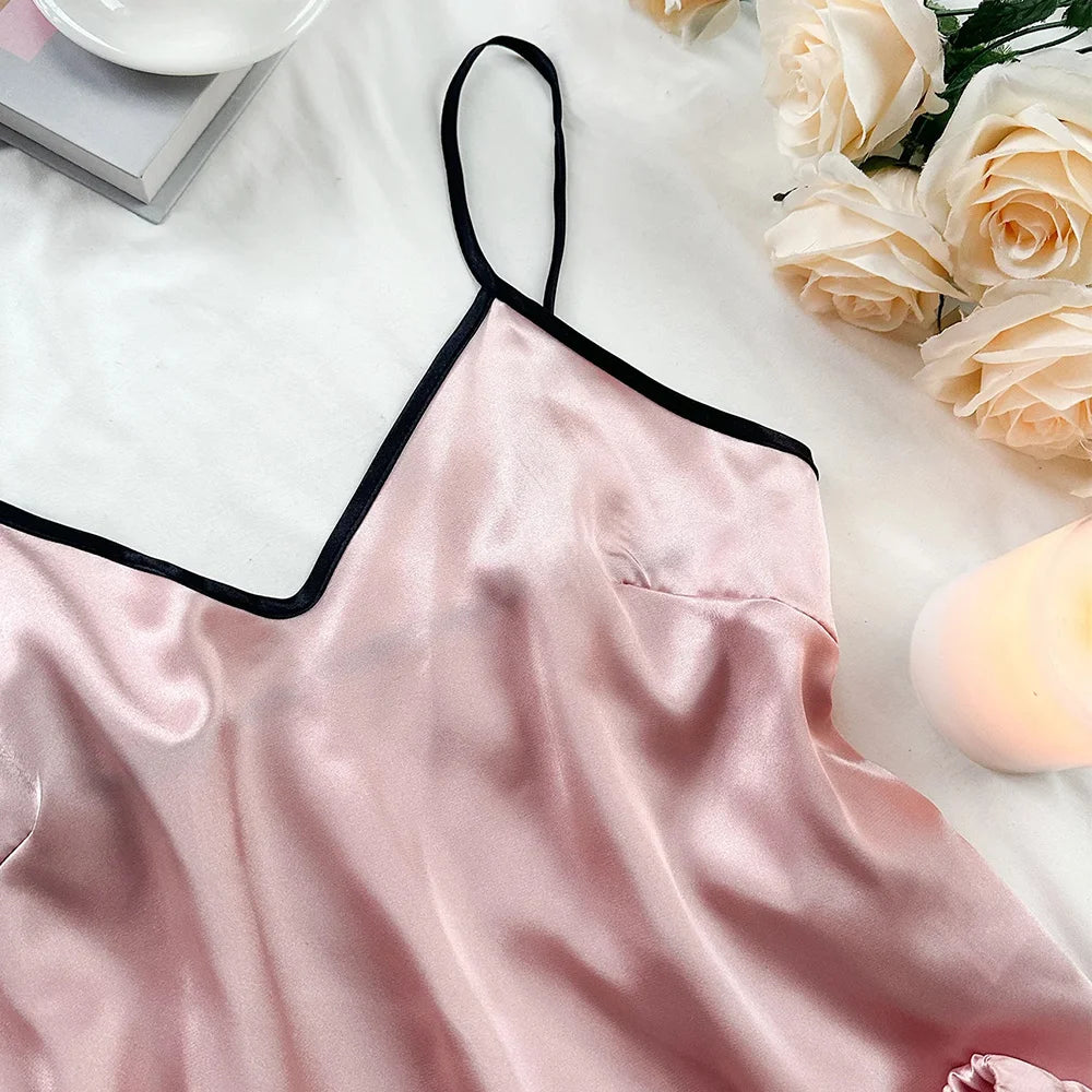 Women’s Satin Pajama Set – V-Neck Top with Ruffles & Bow Shorts