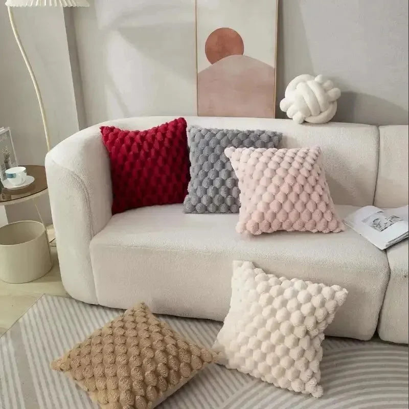 Soft Plush 3D Pillow Cover – Turtle & Pineapple Grid, Cream White 45x45cm