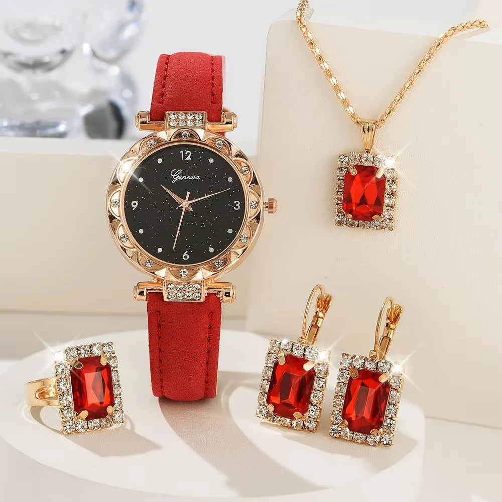 Women’s Luxury Imitation Diamond Quartz Watch Set – 5 PCS