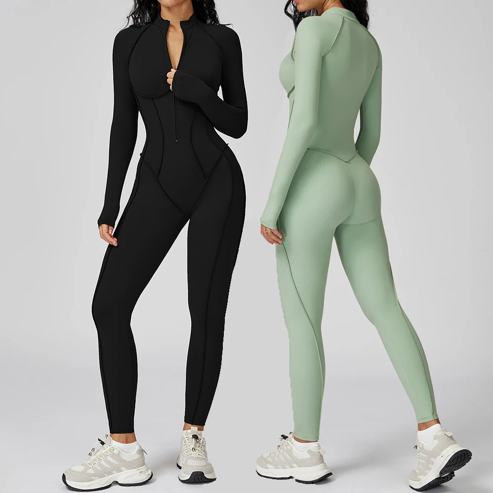 MIKETI Women’s Yoga Jumpsuit – Long Sleeve Full Zipper Fitness Set