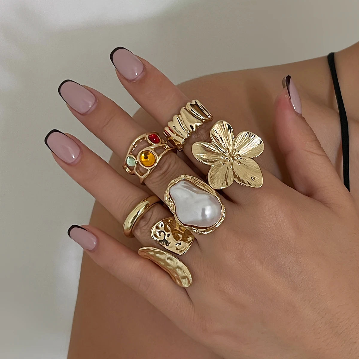 Ingemark 2025 Irregular Flower Open Ring Set – Elegant Baroque Faux Pearl Jewelry