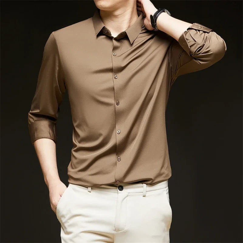Men's Solid Color Long Sleeve Business Casual Shirt – Wrinkle-Resistant, Comfortable