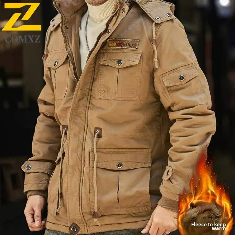 Men’s Autumn-Winter Parka – Thick Wool Lined, Detachable Hood, Outdoor Work & Hunting Coat