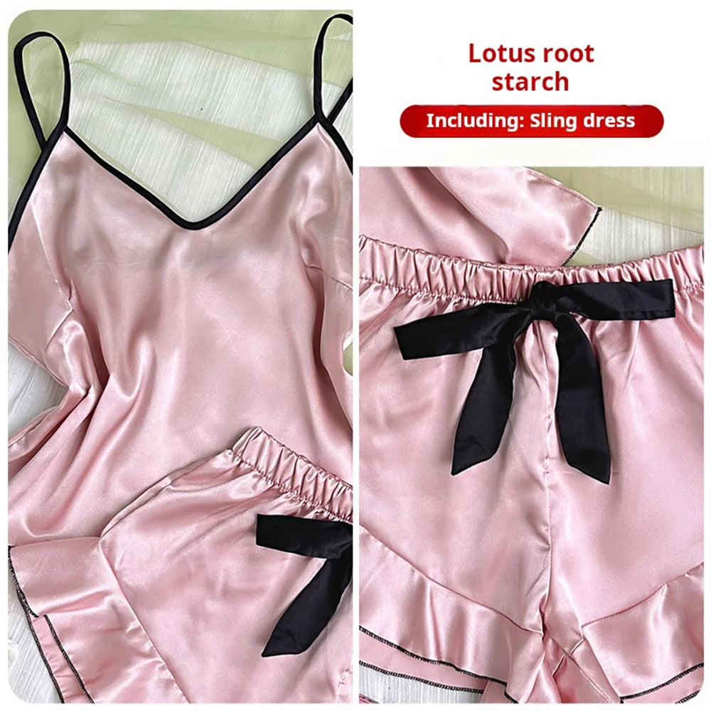 Women’s Satin Pajama Set – V-Neck Top with Ruffles & Bow Shorts