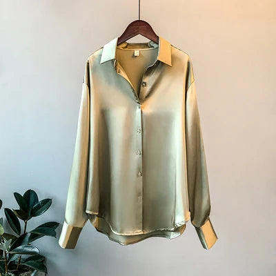 Women’s Satin Office Blouse – Long Sleeve, Korean Luxury Style