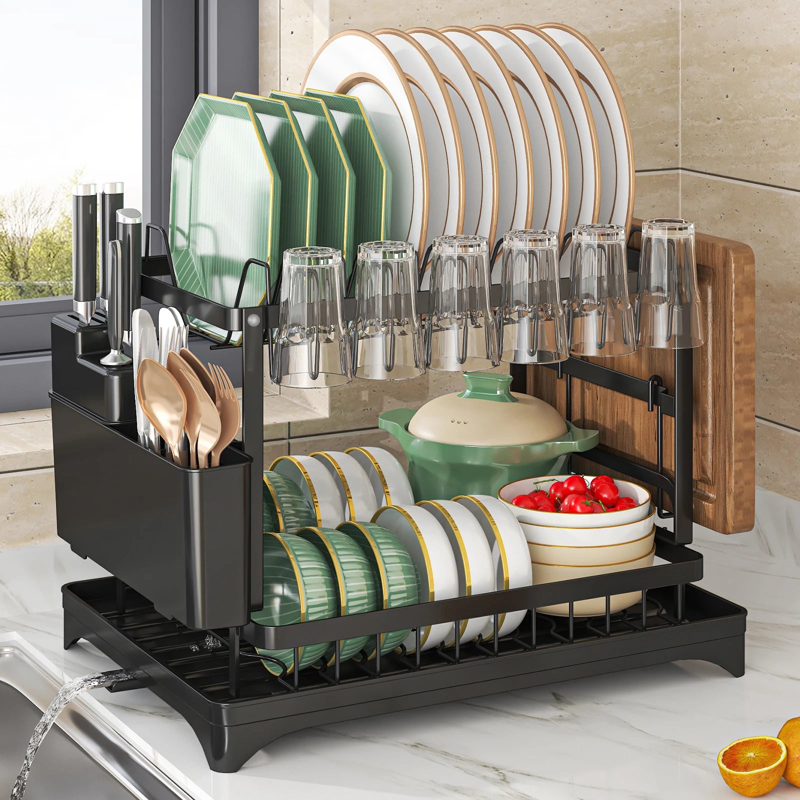 Tier Dish Drying Rack with Utensil Holder & Drip Tray