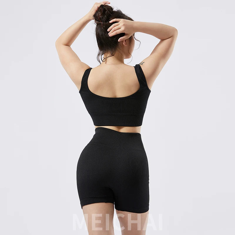 Ribbed Seamless Yoga Set – Crop Top & Shorts for Women