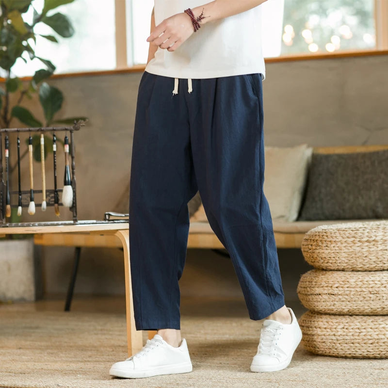 Men’s Linen Cotton Casual Pants – Loose Fit, Solid Color, Breathable