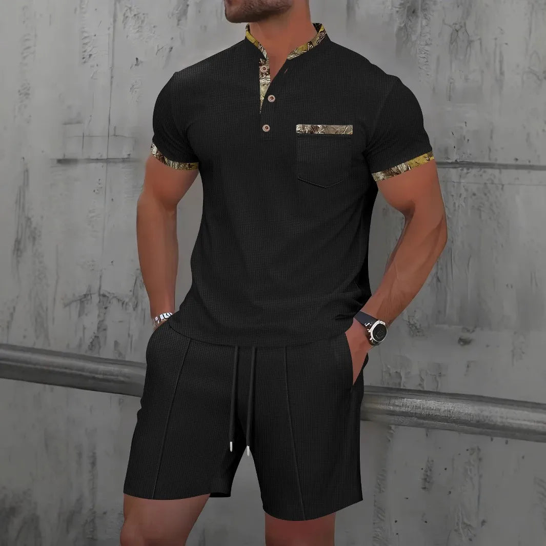 Men's Summer Waffle Solid Color Two-Piece Set – Short Sleeve Jacket & Shorts