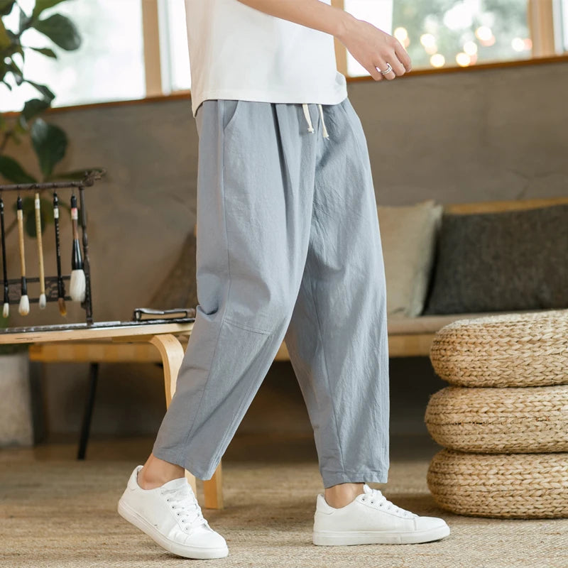 ANIMAL GAME Men's Linen & Cotton Casual Pants – Solid Color, Straight Fit