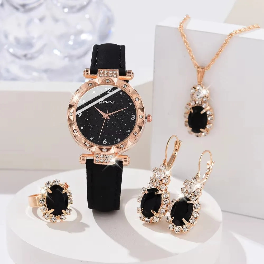 Women’s Luxury Imitation Diamond Quartz Watch Set – 5 PCS