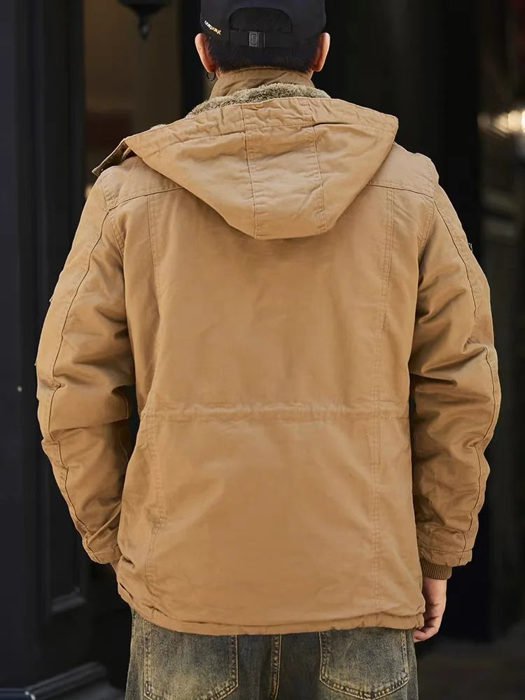 Men’s Autumn-Winter Parka – Thick Wool Lined, Detachable Hood, Outdoor Work & Hunting Coat