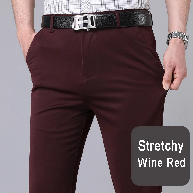Men's Black Elastic Dress Pants – Straight Fit, Smart-Casual Office Trousers, Quick-Dry