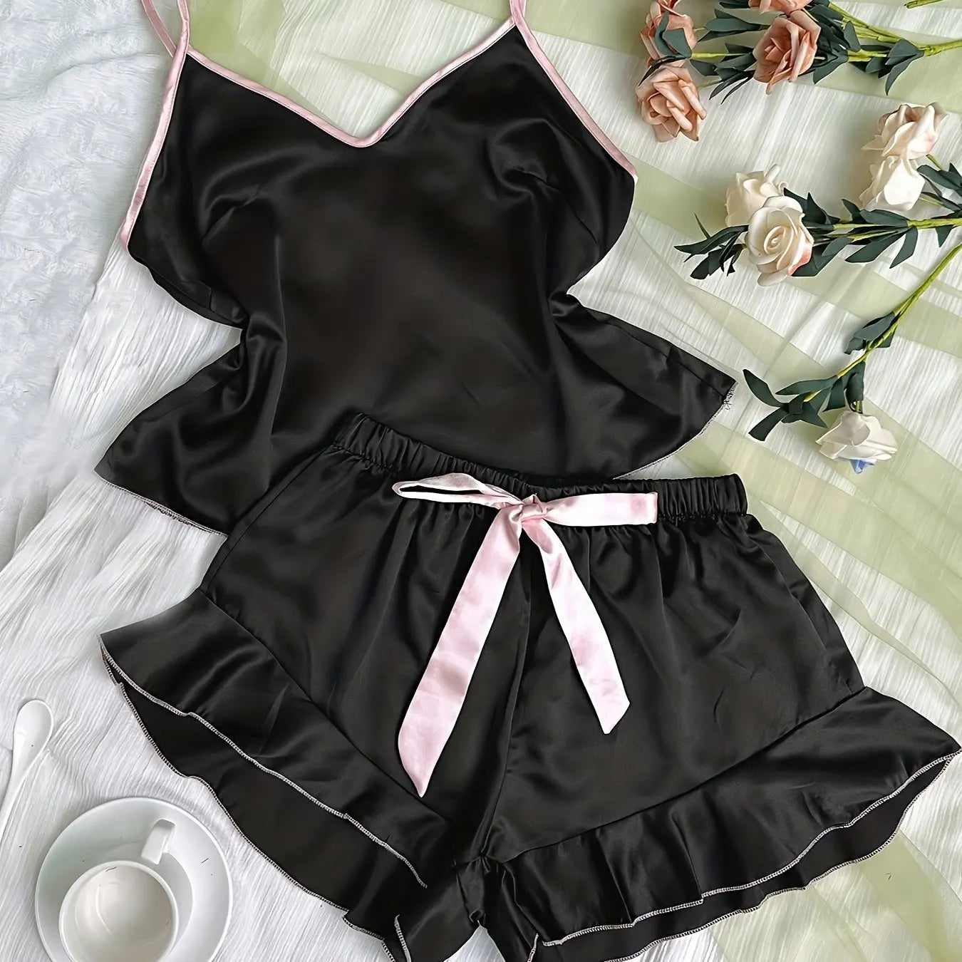 Women’s Satin Pajama Set – V-Neck Top with Ruffles & Bow Shorts