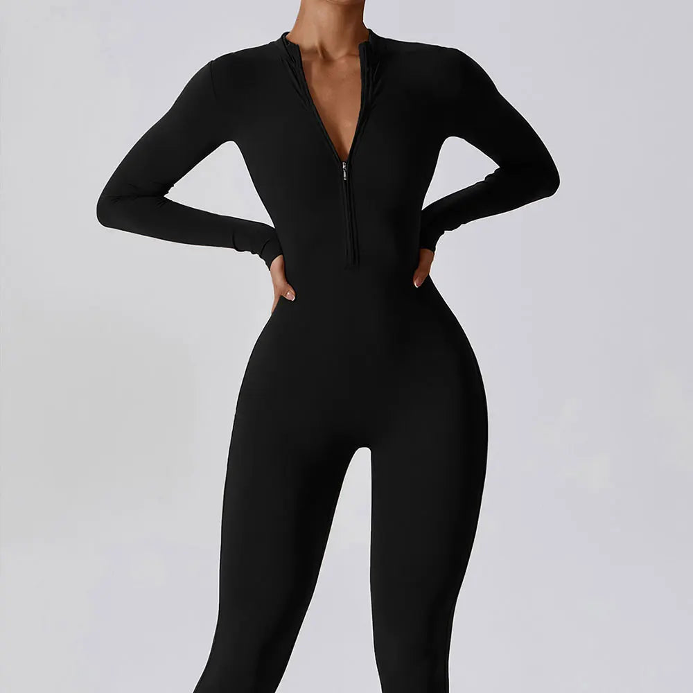 Full-Zip Long Sleeve Yoga Jumpsuit for Women – Gym & Fitness Bodysuit