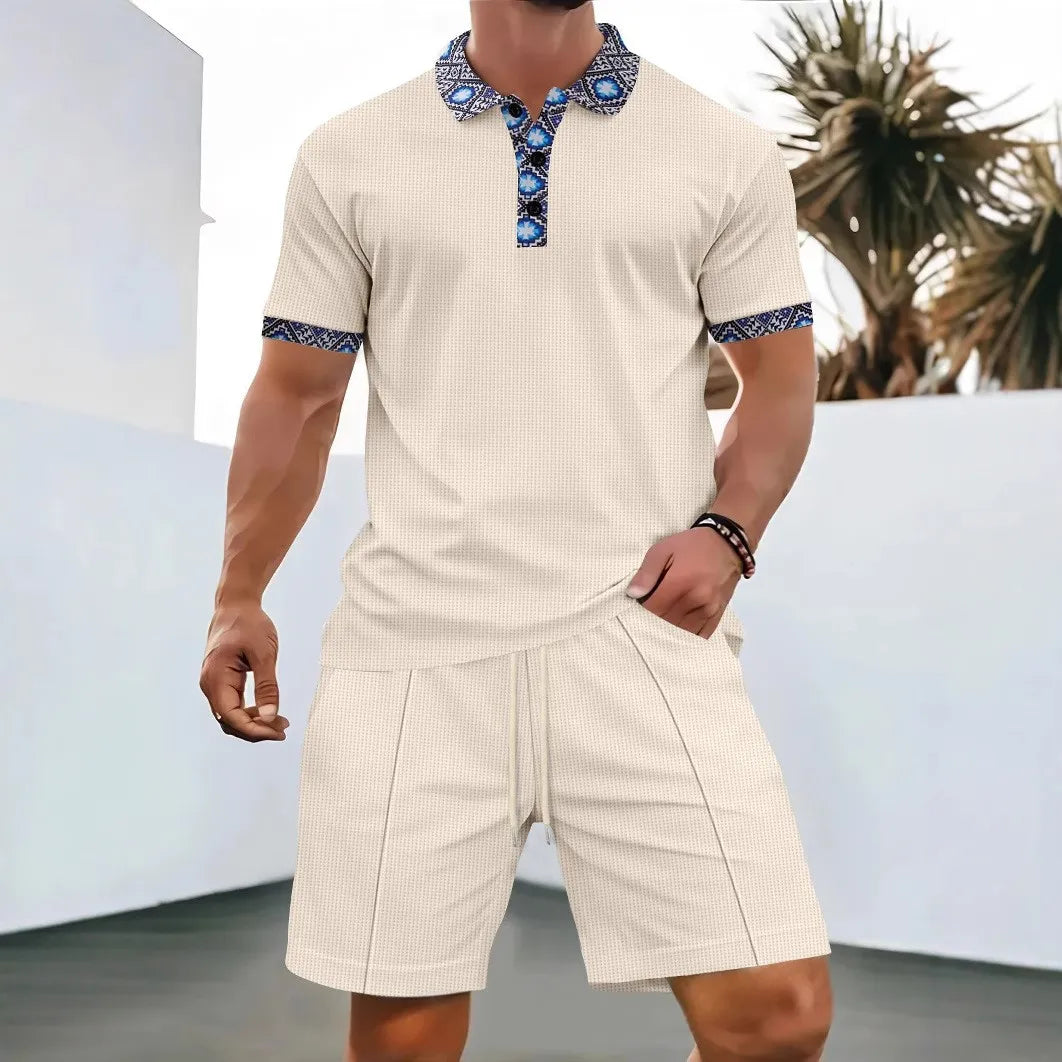 Men's Summer Waffle Solid Color Two-Piece Set – Short Sleeve Jacket & Shorts