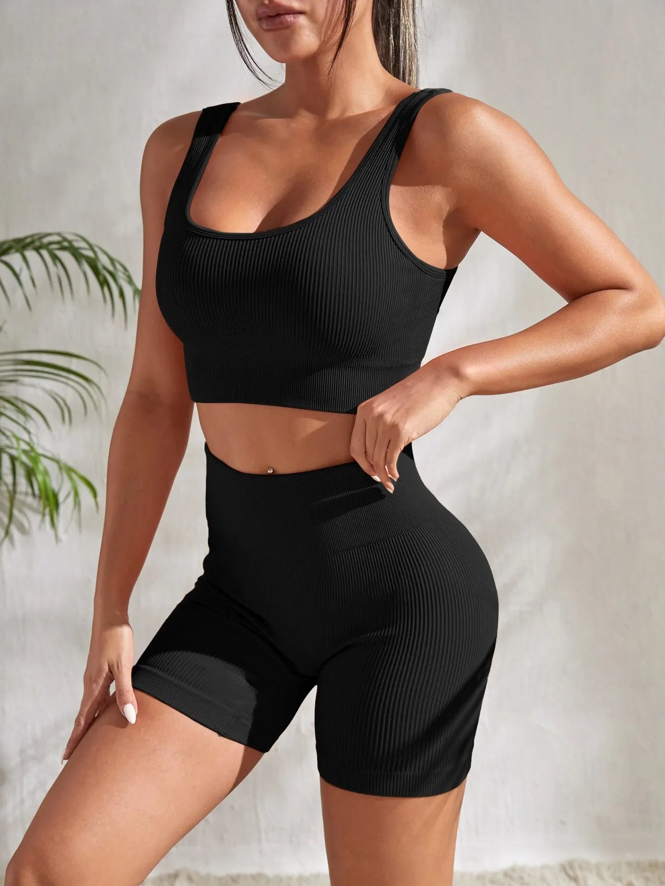 Seamless Ribbed Yoga Set – 2-Piece High-Waist Shorts & Tank for Women