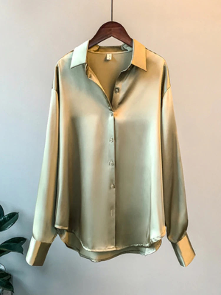 Women’s Satin Office Blouse – Long Sleeve, Korean Luxury Style