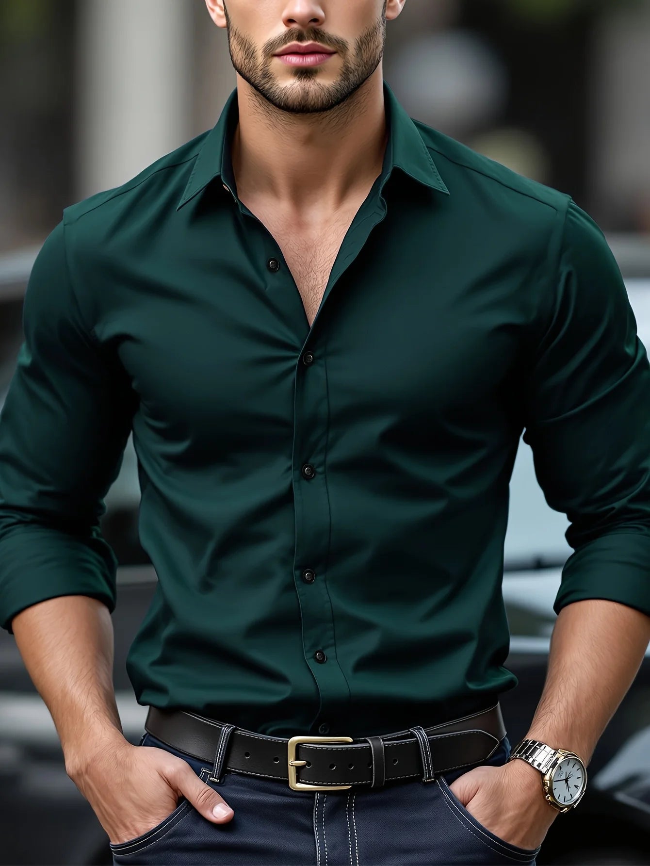 FGKKS Men's White Casual Stretch Shirt – Long Sleeve, Solid Color