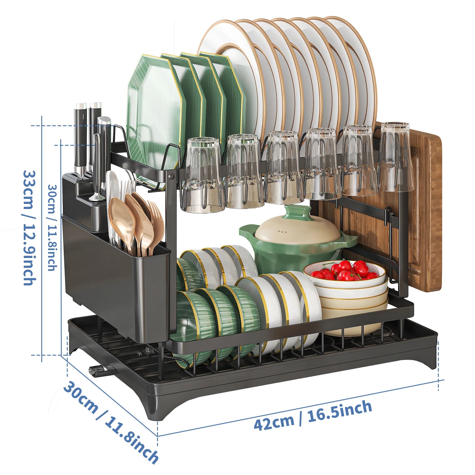 Tier Dish Drying Rack with Utensil Holder & Drip Tray