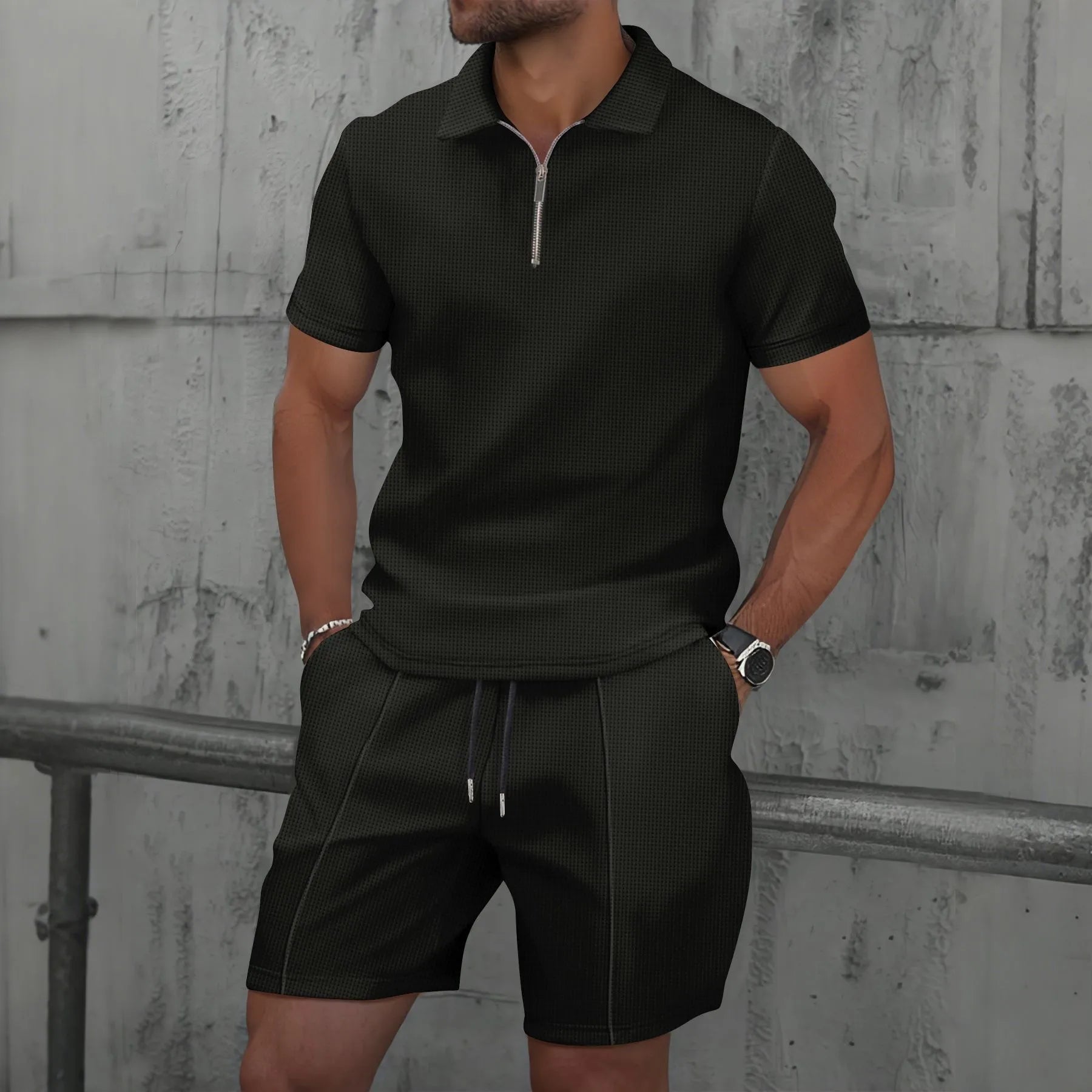 Men's Summer Waffle Solid Color Two-Piece Set – Short Sleeve Jacket & Shorts