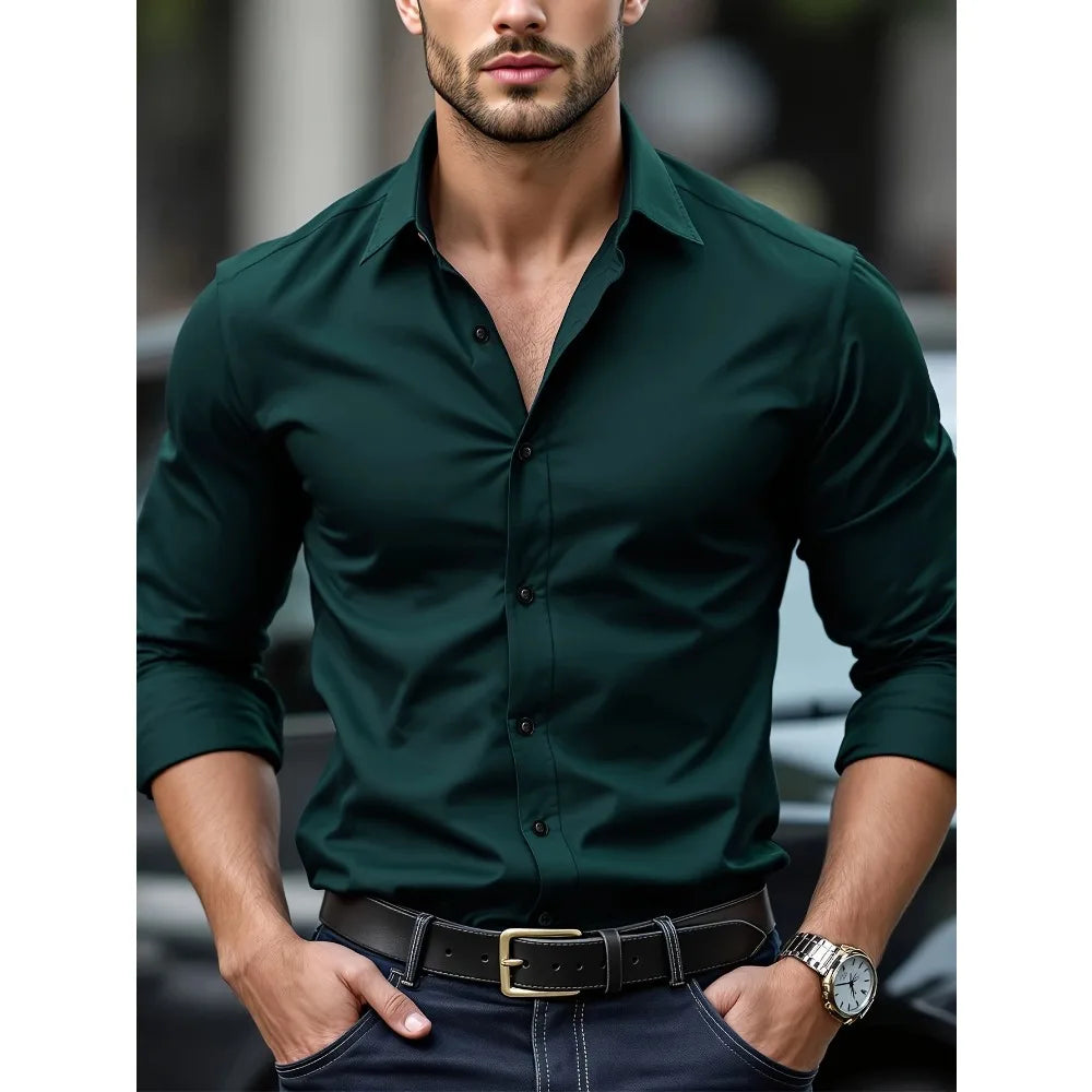 FGKKS Men's White Casual Stretch Shirt – Long Sleeve, Solid Color