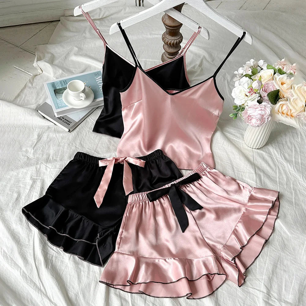 Women’s Satin Pajama Set – V-Neck Top with Ruffles & Bow Shorts