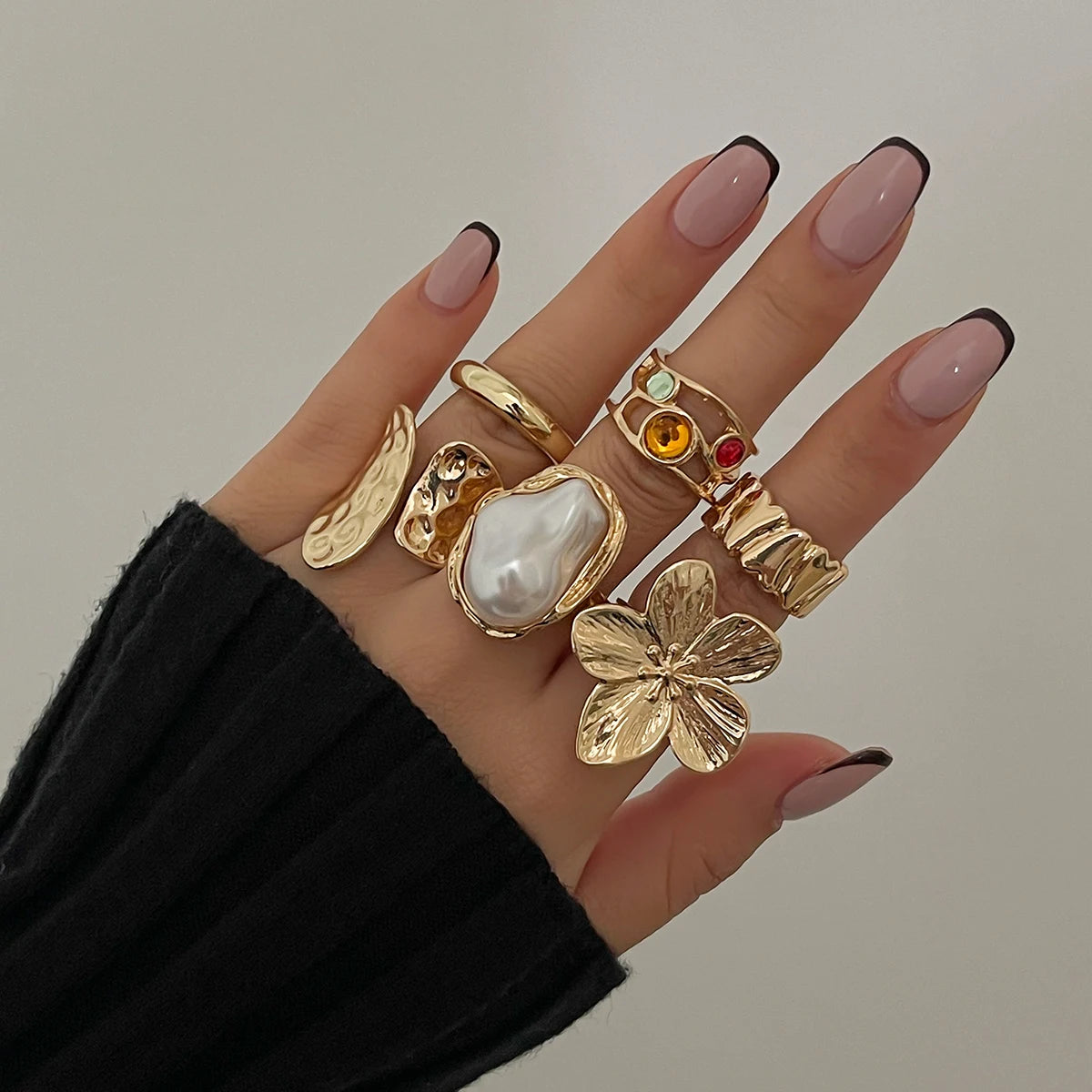Ingemark 2025 Irregular Flower Open Ring Set – Elegant Baroque Faux Pearl Jewelry
