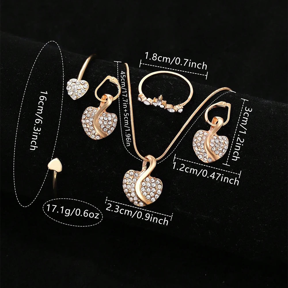 Women’s Fashion Quartz Watch & Jewelry Set – Gold Ring, Necklace, Earrings with Faux Diamonds