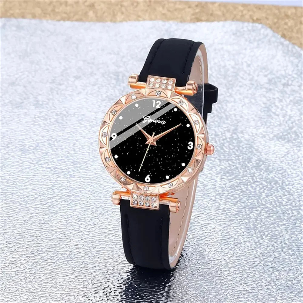 Women’s Luxury Imitation Diamond Quartz Watch Set – 5 PCS