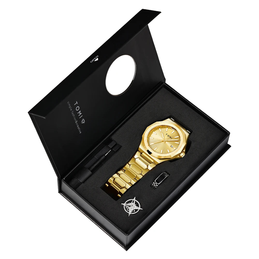 TOMI Luxury Men’s Quartz Watch – Business Style with Gift Box Set (Rose Gold Case)