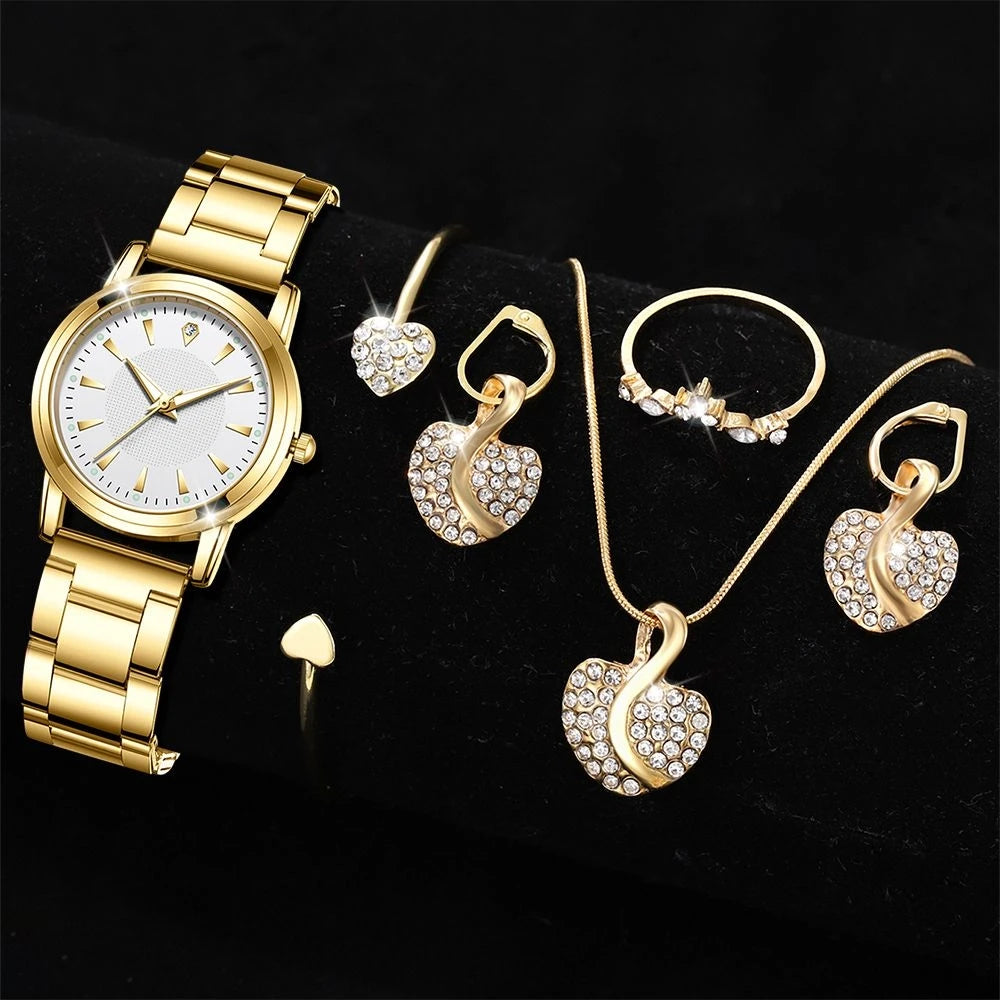 Women’s Fashion Quartz Watch & Jewelry Set – Gold Ring, Necklace, Earrings with Faux Diamonds