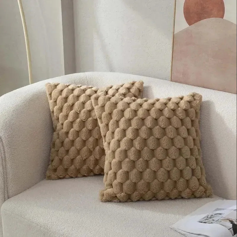 Soft Plush 3D Pillow Cover – Turtle & Pineapple Grid, Cream White 45x45cm