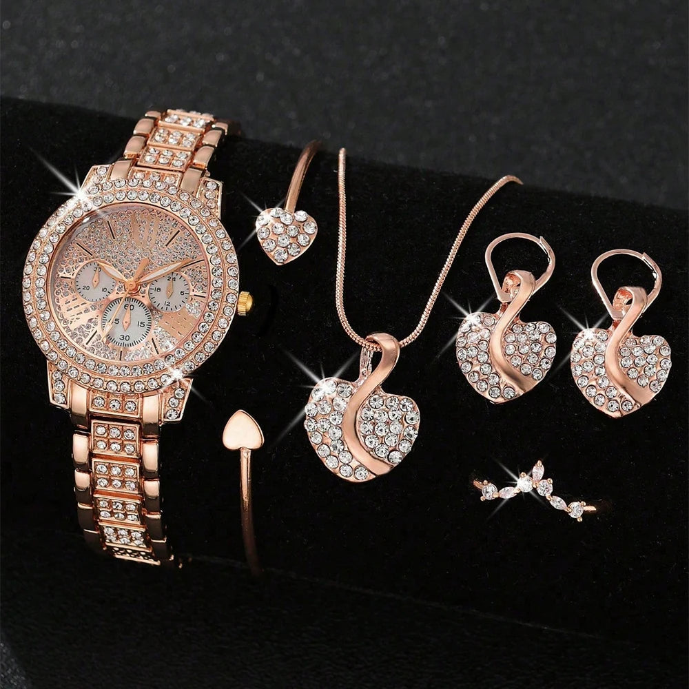Women’s Fashion Quartz Watch & Jewelry Set – Gold Ring, Necklace, Earrings with Faux Diamonds