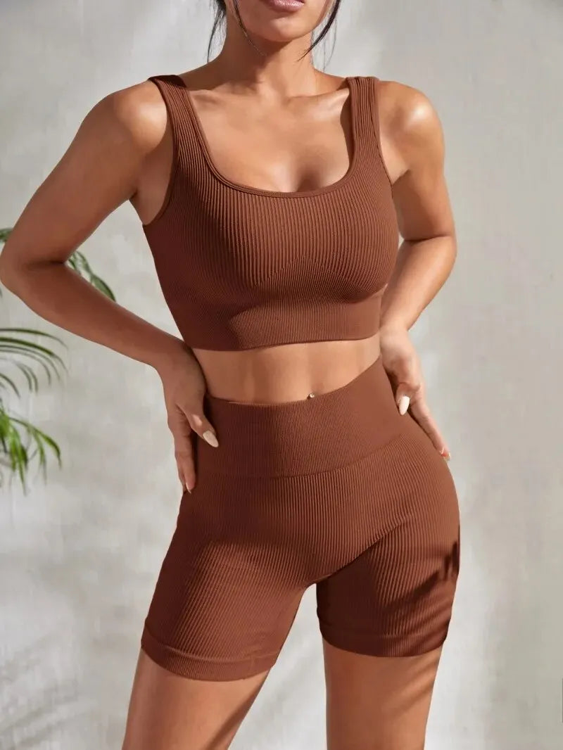 Seamless Ribbed Yoga Set – 2-Piece High-Waist Shorts & Tank for Women