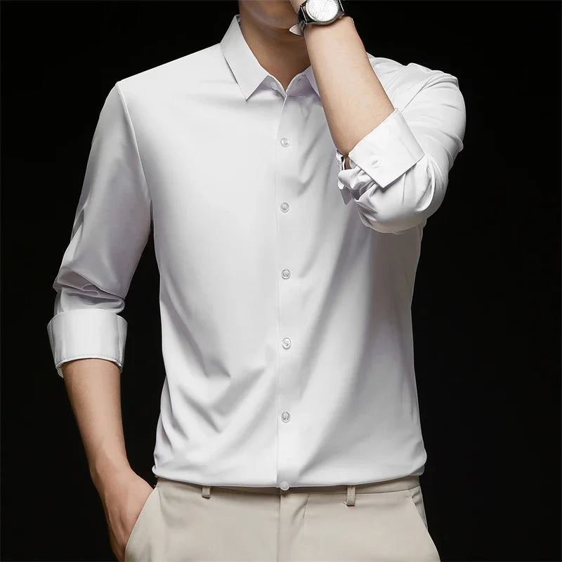 Men's Solid Color Long Sleeve Business Casual Shirt – Wrinkle-Resistant, Comfortable