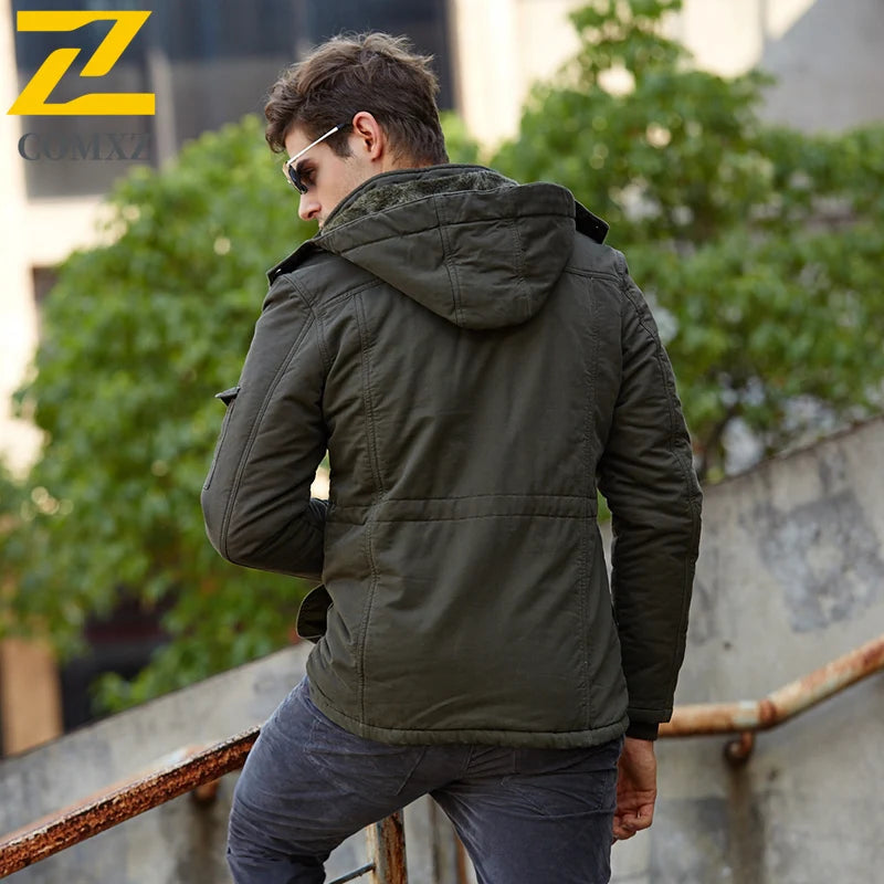 Men’s Autumn-Winter Parka – Thick Wool Lined, Detachable Hood, Outdoor Work & Hunting Coat