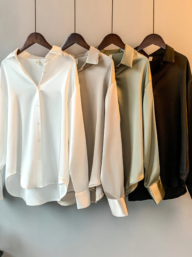 Women’s Satin Office Blouse – Long Sleeve, Korean Luxury Style